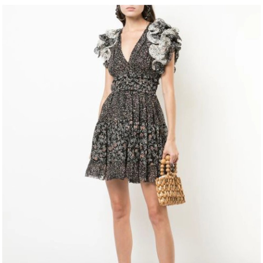 Ulla Johnson Ivy Silk Ruffle Sleeve Floral V-Neck Mini Dress